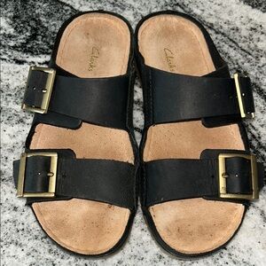 Clarks Black Sandals with Gold Buckles
